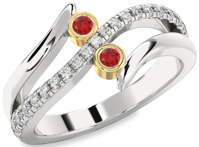 Diamond Ruby Gold Silver Round Two Stone Birthstone Ring