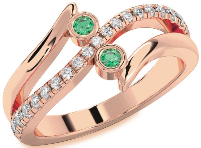 Diamond Emerald Rose Gold Round Two Stone Birthstone Ring
