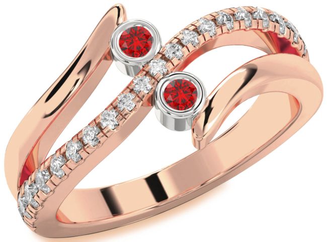 Diamond Ruby Rose Gold Silver Round Two Stone Birthstone Ring