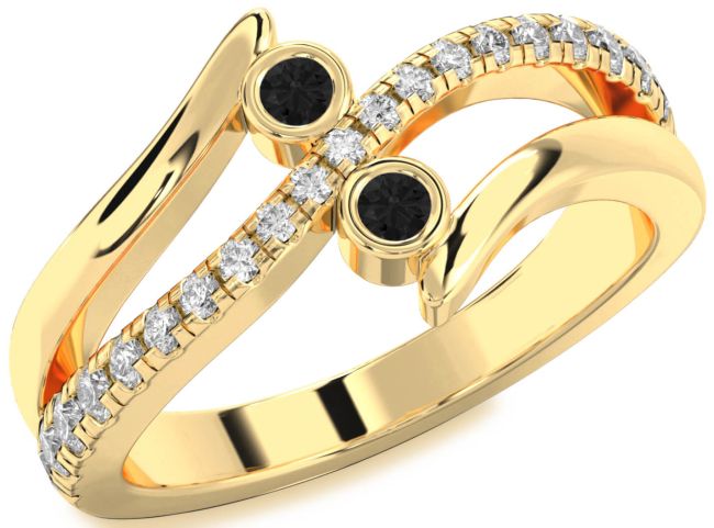 Black Diamond Gold Silver Round Two Stone Ring