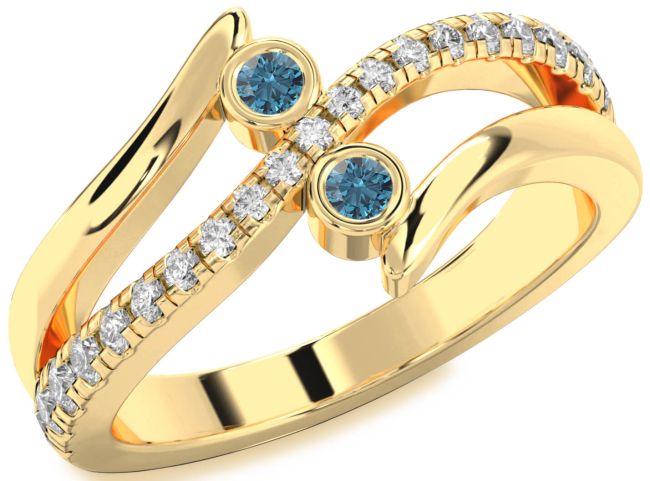 Blue Diamond Gold Silver Round Two Stone Ring