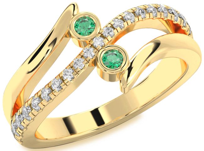 Diamond Emerald Gold Round Two Stone Birthstone Ring