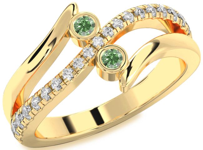 Green Diamond Gold Silver Round Two Stone Ring