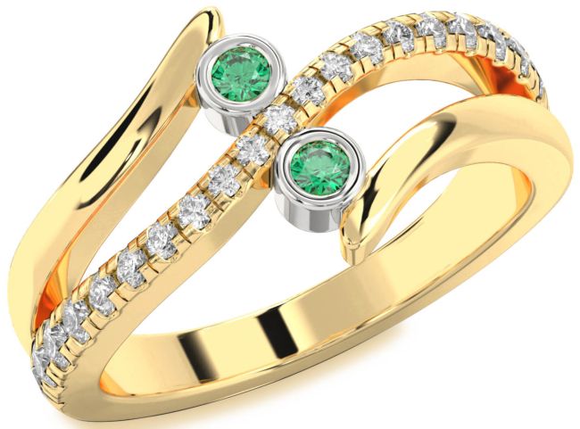Diamond Emerald Gold Silver Round Two Stone Birthstone Ring