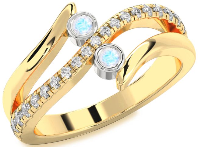 Diamond Moonstone Gold Silver Round Two Stone Ring