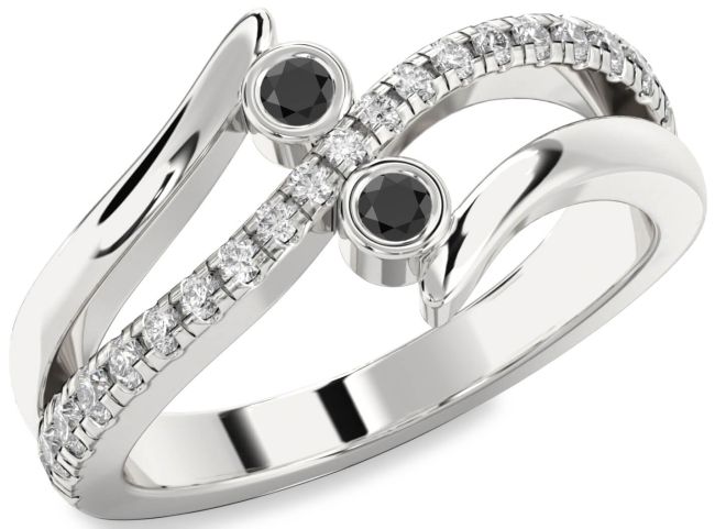 Diamond Black Onyx Silver Round Two Stone Ring