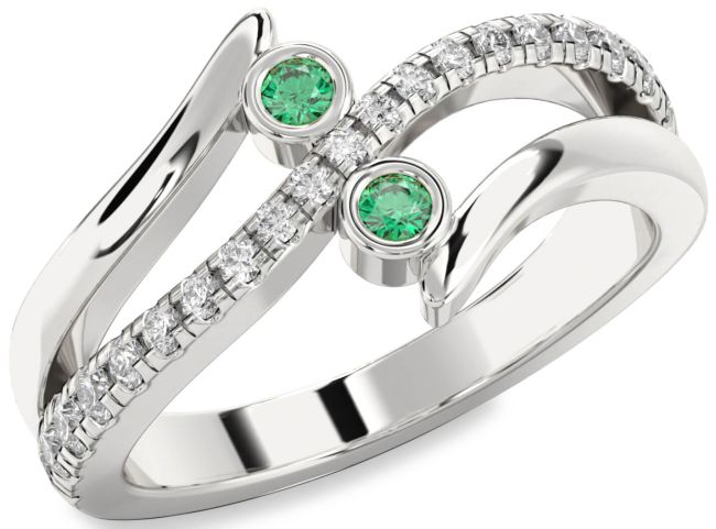 Diamond Emerald Silver Round Two Stone Birthstone Ring