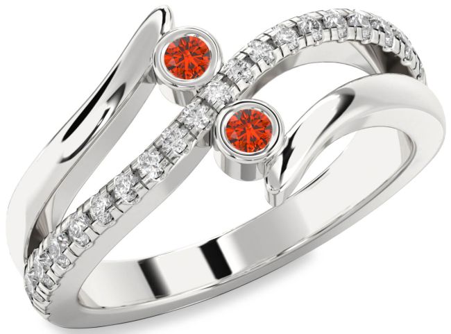 Diamond Fire Opal Silver Round Two Stone Ring