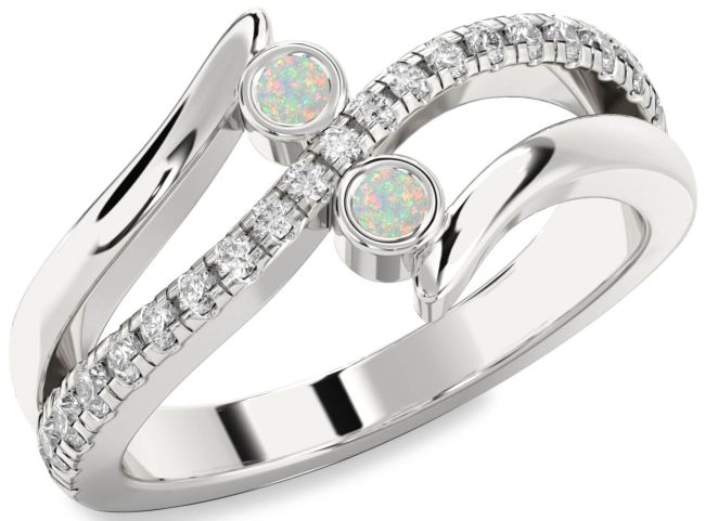 Diamond Opal Silver Round Two Stone Birthstone Ring
