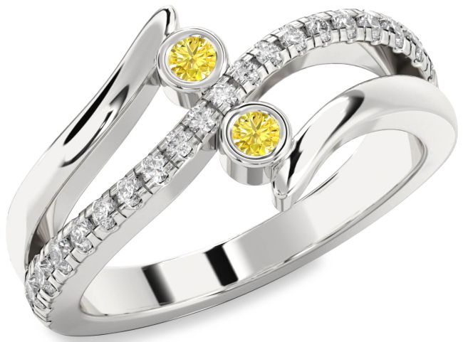 Yellow Diamond Silver Round Two Stone Ring