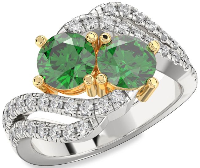 Diamond Emerald Gold Silver Round Two Stone Birthstone Ring