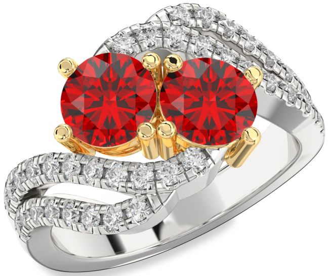 Diamond Ruby Gold Silver Round Two Stone Birthstone Ring