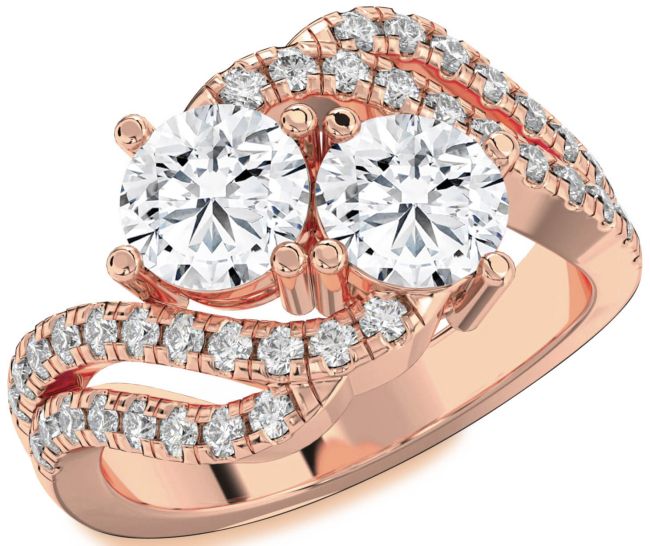 Diamond Rose Gold Silver Round Two Stone Ring