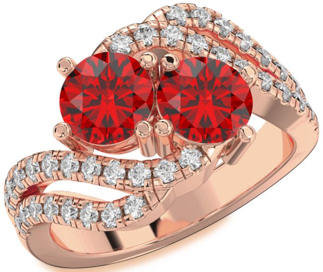 Diamond Ruby Rose Gold Round Two Stone Birthstone Ring