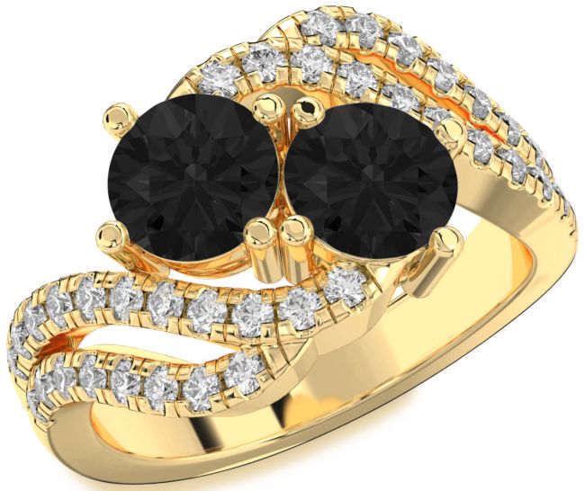 Black Diamond Gold Silver Round Two Stone Ring