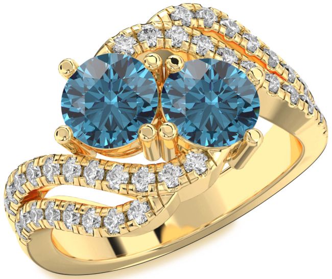 Blue Diamond Gold Silver Round Two Stone Ring
