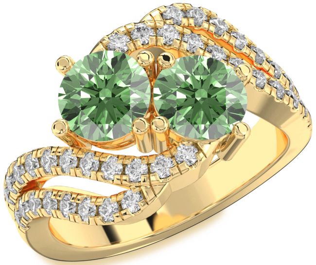 Green Diamond Gold Silver Round Two Stone Ring