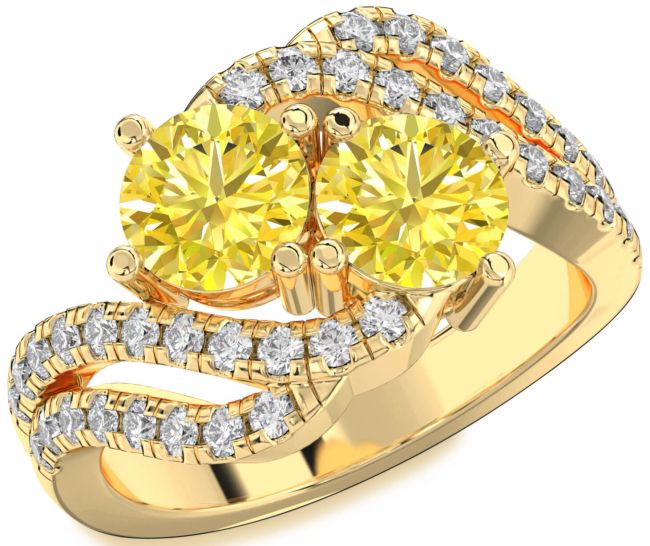 Yellow Diamond Gold Silver Round Two Stone Ring