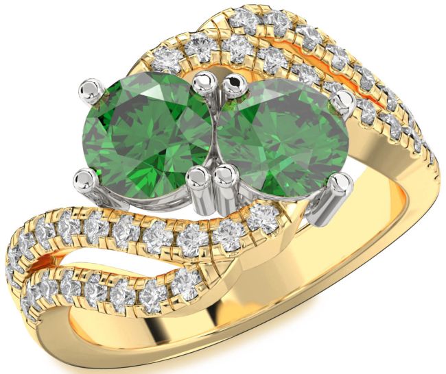 Diamond Emerald Gold Silver Round Two Stone Birthstone Ring
