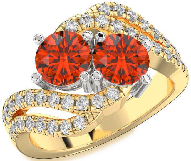 Diamond Fire Opal Gold Silver Round Two Stone Ring