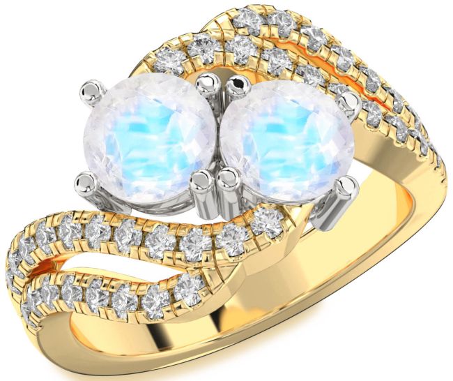 Diamond Moonstone Gold Silver Round Two Stone Ring