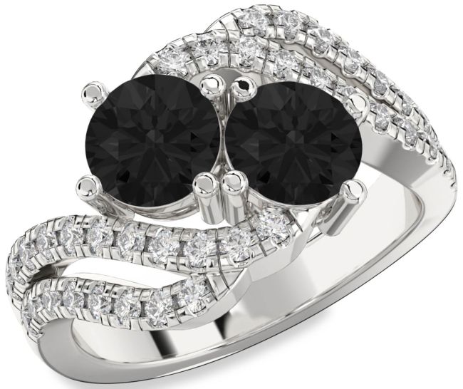Black Diamond Silver Round Two Stone Ring