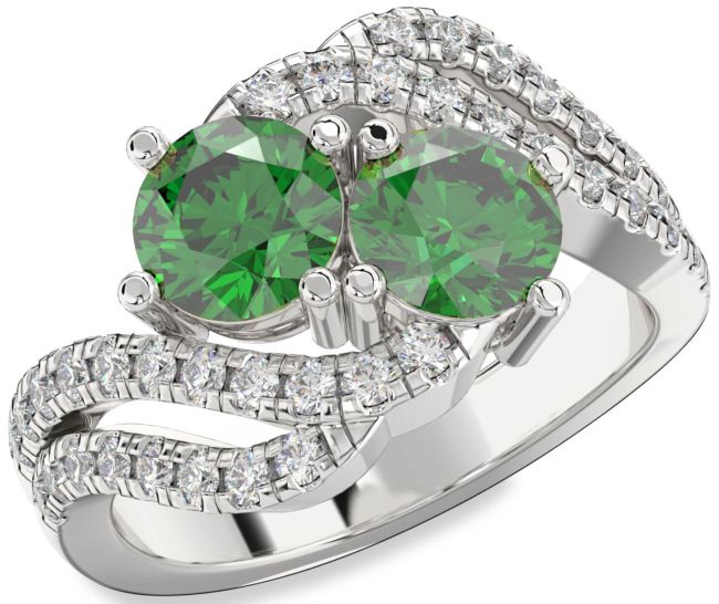 Diamond Emerald Silver Round Two Stone Birthstone Ring