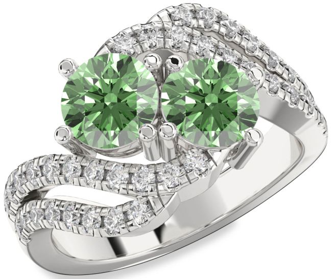 Green Diamond Silver Round Two Stone Ring