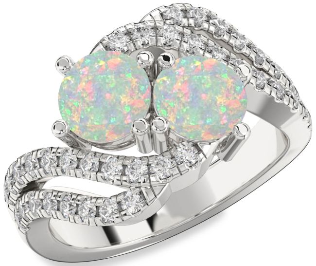 Diamond Opal Silver Round Two Stone Birthstone Ring