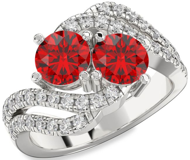 Diamond Ruby Silver Round Two Stone Birthstone Ring