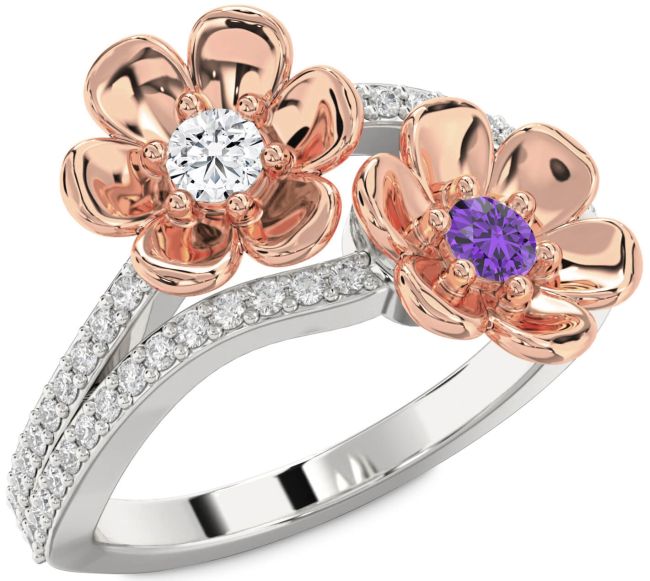 Diamond Silver & 10K Rose Gold Flower Round Two Stone Promise Ring