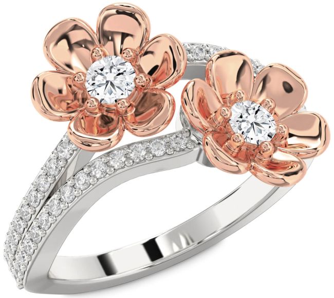 Diamond Rose Gold Silver Flower Round Two Stone Ring