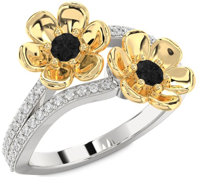 Black Diamond Gold Silver Flower Round Two Stone Ring