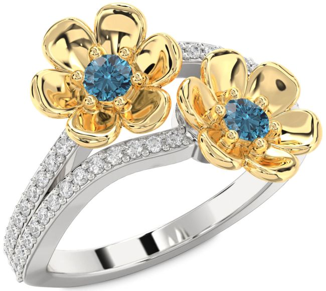 Blue Diamond Gold Silver Flower Round Two Stone Ring