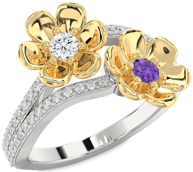 Diamond Silver & 10K gold Flower Round Two Stone Promise Ring