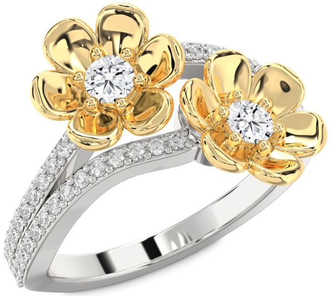 Diamond White Yellow Gold Flower Round Two Stone Ring