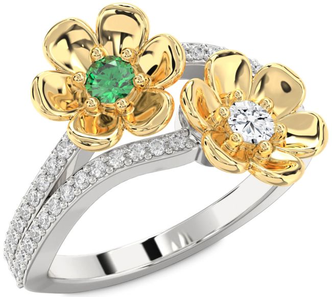 Diamond Gold Silver Flower Round Two Stone Promise Ring