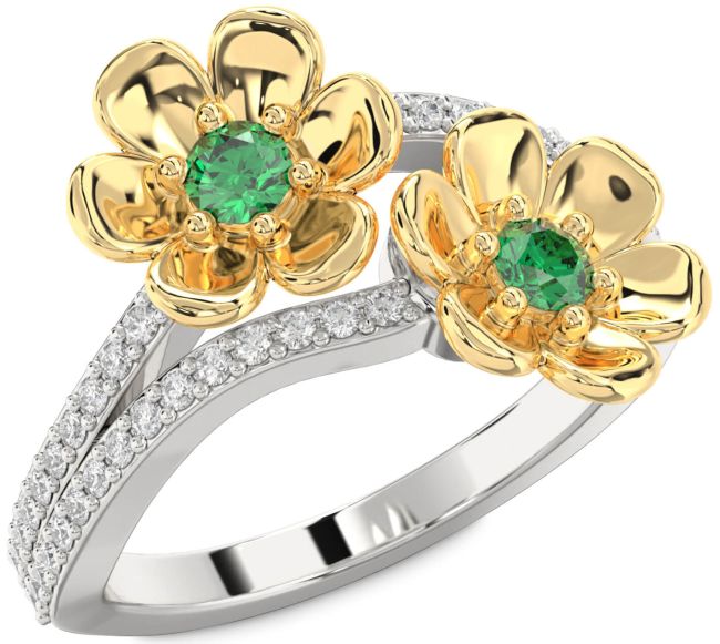 Diamond Emerald Gold Silver Flower Round Two Stone Birthstone Ring