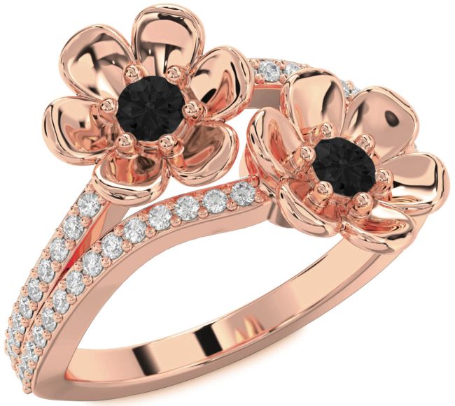 Black Diamond Rose Gold Flower Round Two Stone Ring