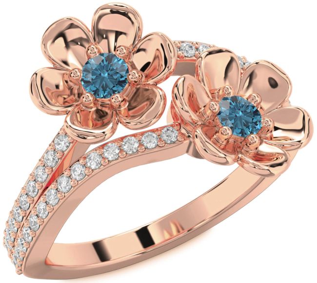 Blue Diamond Rose Gold Flower Round Two Stone Ring