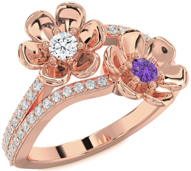 Diamond Rose Gold Flower Round Two Stone Promise Ring