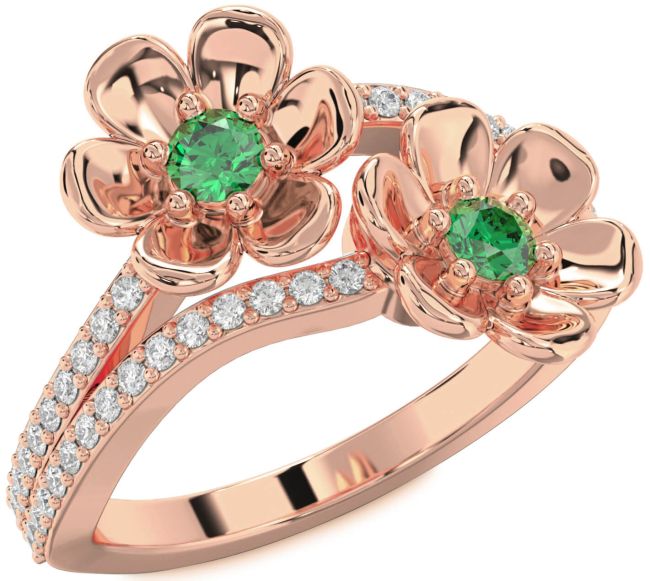 Diamond Emerald Rose Gold Flower Round Two Stone Birthstone Ring