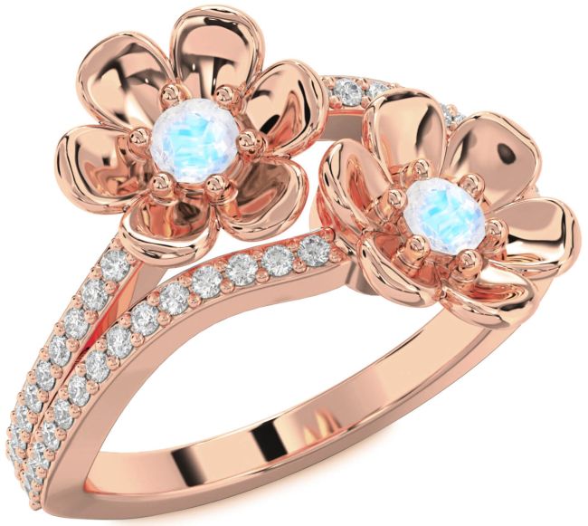 Diamond Moonstone Rose Gold Flower Round Two Stone Ring