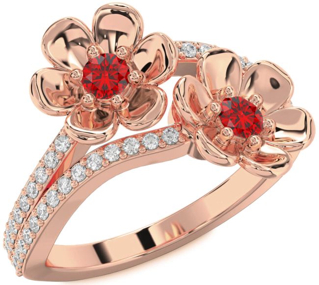 Diamond Ruby Rose Gold Flower Round Two Stone Birthstone Ring