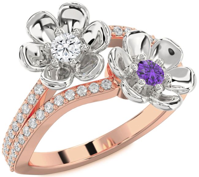 Diamond Rose Gold Silver Flower Round Two Stone Promise Ring