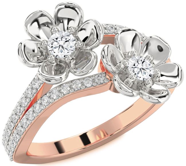 Diamond Rose Gold Silver Flower Round Two Stone Ring