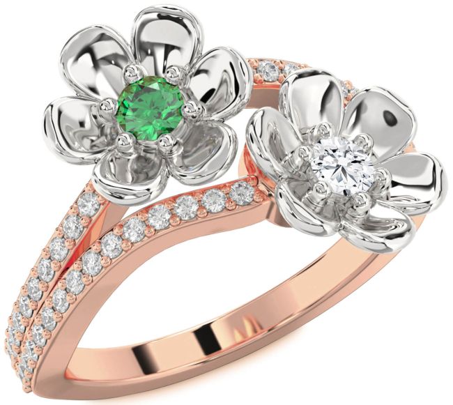 Diamond Rose Gold Silver Flower Round Two Stone Promise Ring