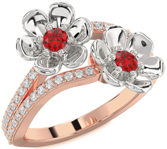Diamond Ruby Rose Gold Silver Flower Round Two Stone Birthstone Ring