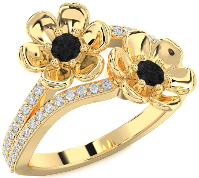 Black Diamond Gold Flower Round Two Stone Ring
