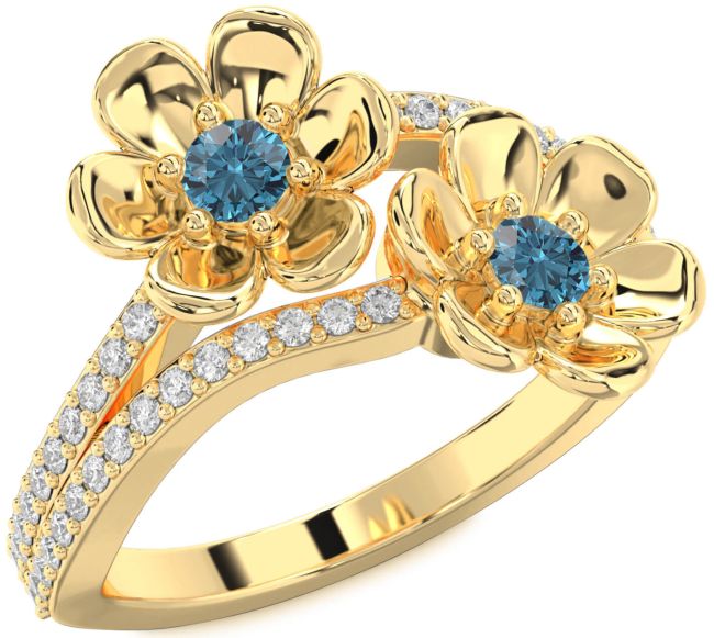 Blue Diamond Gold Silver Flower Round Two Stone Ring